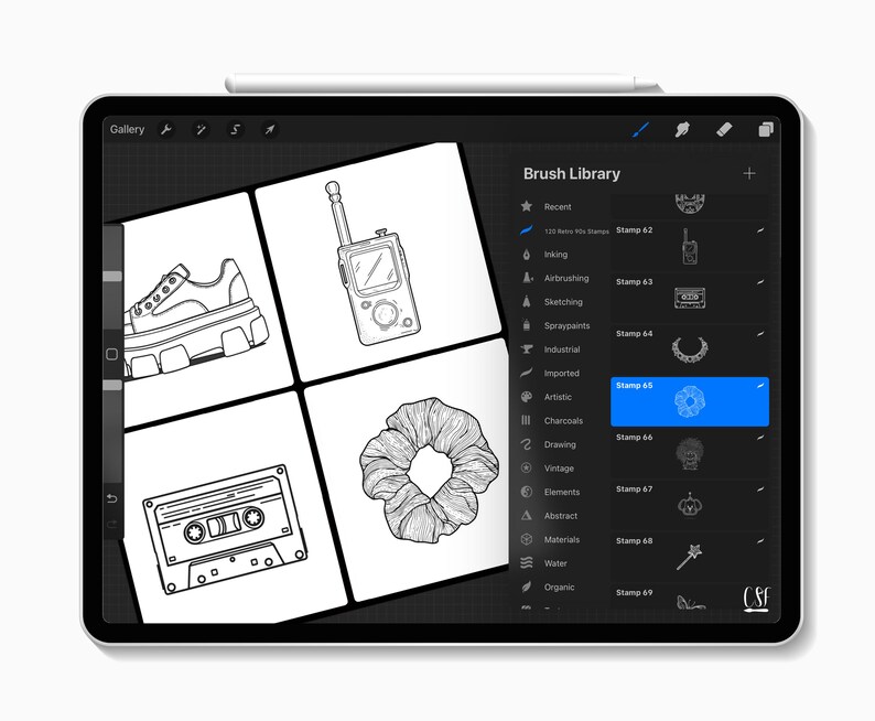 May include: Digital illustration on a tablet screen featuring a shoe, walkie-talkie, cassette tape, and scrunchie. The tablet displays a brush library with various stamp options, including a retro radio and a floral design. A stylus rests at the top.