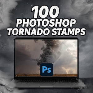Könnte beinhalten: Ein Laptop zeigt ein dramatisches Bild eines Tornados unter einem bewölkten Himmel. Auf dem Bildschirm ist das Photoshop-Logo zu sehen. Über dem Laptop steht der Text "100 PHOTOSHOP TORNADO STAMPS" in fetten weißen Buchstaben mit schwarzer Umrandung.
