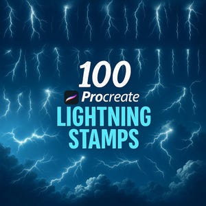 May include: 100 Procreate Lightning Stamps. A digital illustration of 100 lightning bolts on a dark blue background with clouds. The text "100 Procreate Lightning Stamps" is in white and blue.