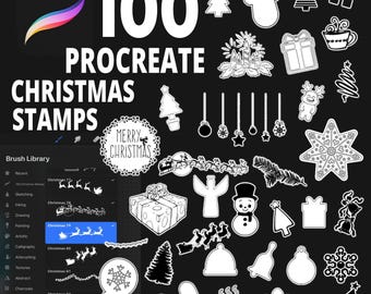 Sellos navideños para Procreate, elementos festivos navideños, imágenes prediseñadas navideñas de invierno, diseños de papelería navideña.