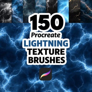 May include: A digital art graphic featuring a collection of lightning textures. The image prominently displays the text "150 Procreate LIGHTNING TEXTURE BRUSHES" in bold, white and blue lettering. A Procreate app icon is in the lower right corner. The background is a dark blue lightning pattern.