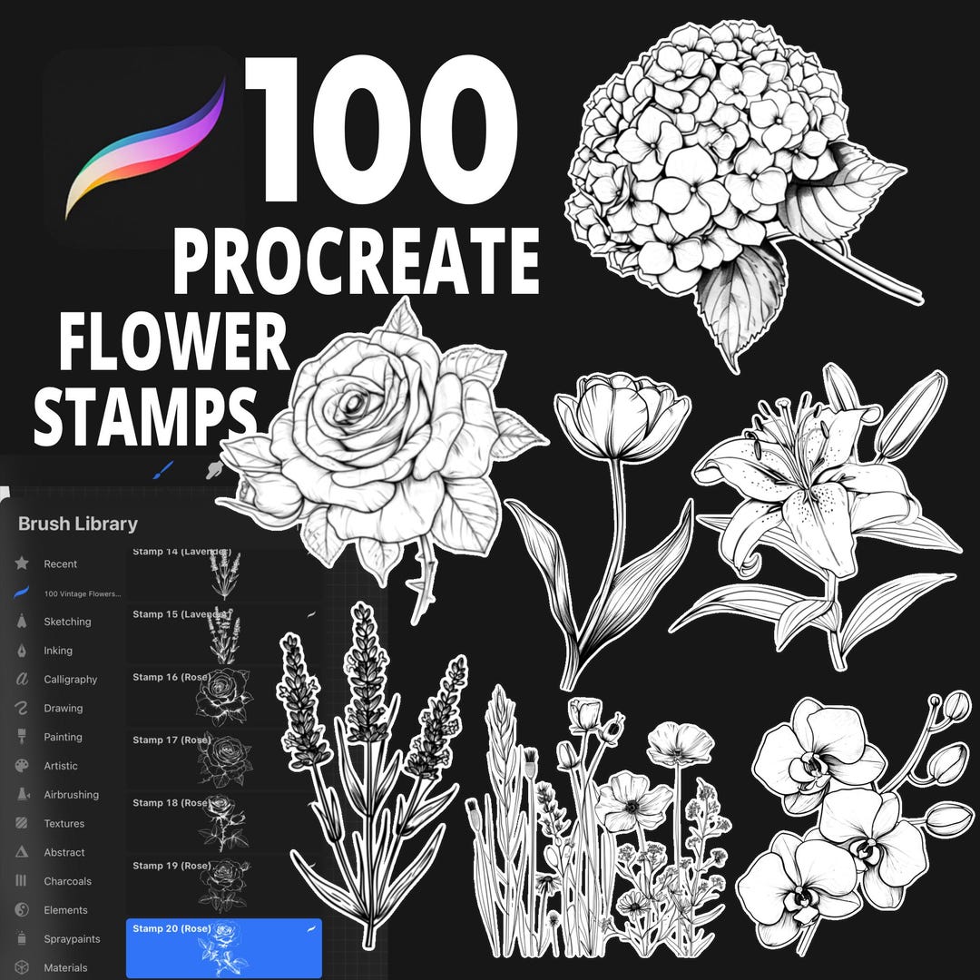 Realistic Vintage Floral Procreate Stamps, 100 Botanical Brushes for ...