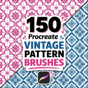 Può includere: Immagine promozionale per pennelli digitali Procreate. Il design presenta il numero "150" in nero, con le parole "Procreate Vintage Pattern Brushes" in blu e rosa. Lo sfondo mostra piastrelle decorate in rosa e blu.