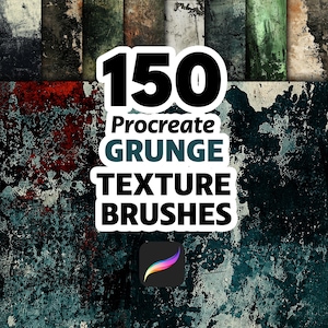 Può includere: Prodotto di arte digitale con 150 pennelli texture grunge Procreate. L'immagine mostra una varietà di sfondi strutturati in tonalità di nero, rosso, verde e bianco. È visibile anche il logo del prodotto.