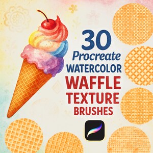 May include: 30 Procreate Watercolor Waffle Texture Brushes. A set of digital brushes for use with the Procreate app. The brushes are designed to create a watercolor effect with a waffle texture. The image shows a colorful ice cream cone with a waffle cone, and several examples of the brushes in use.