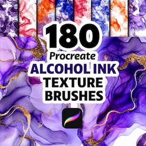 May include: An advertisement for 180 Procreate alcohol ink texture brushes. The image displays a range of colourful abstract ink patterns in shades of purple, orange, blue, and red, with gold accents. The Procreate app logo is also visible, promoting digital art tools.