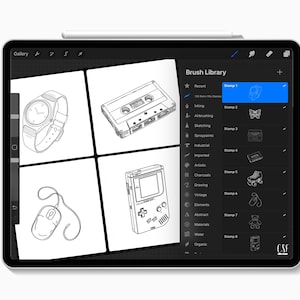 May include: A digital tablet displaying a drawing application interface. The screen shows black and white line drawings of a watch, cassette tape, computer mouse, and a handheld game console. The "Brush Library" panel is visible.