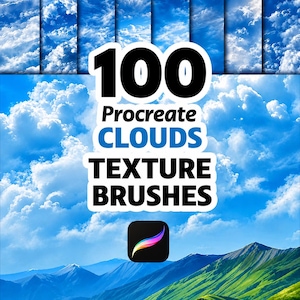 May include: A digital art graphic with a blue sky and cloud background. The image features the text "100 Procreate Clouds Texture Brushes" in a bold font. The Procreate app icon is in the lower center.