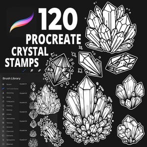 May include: A set of 120 Procreate crystal stamps for digital art. The stamps feature various crystal shapes and sizes, all in black and white.