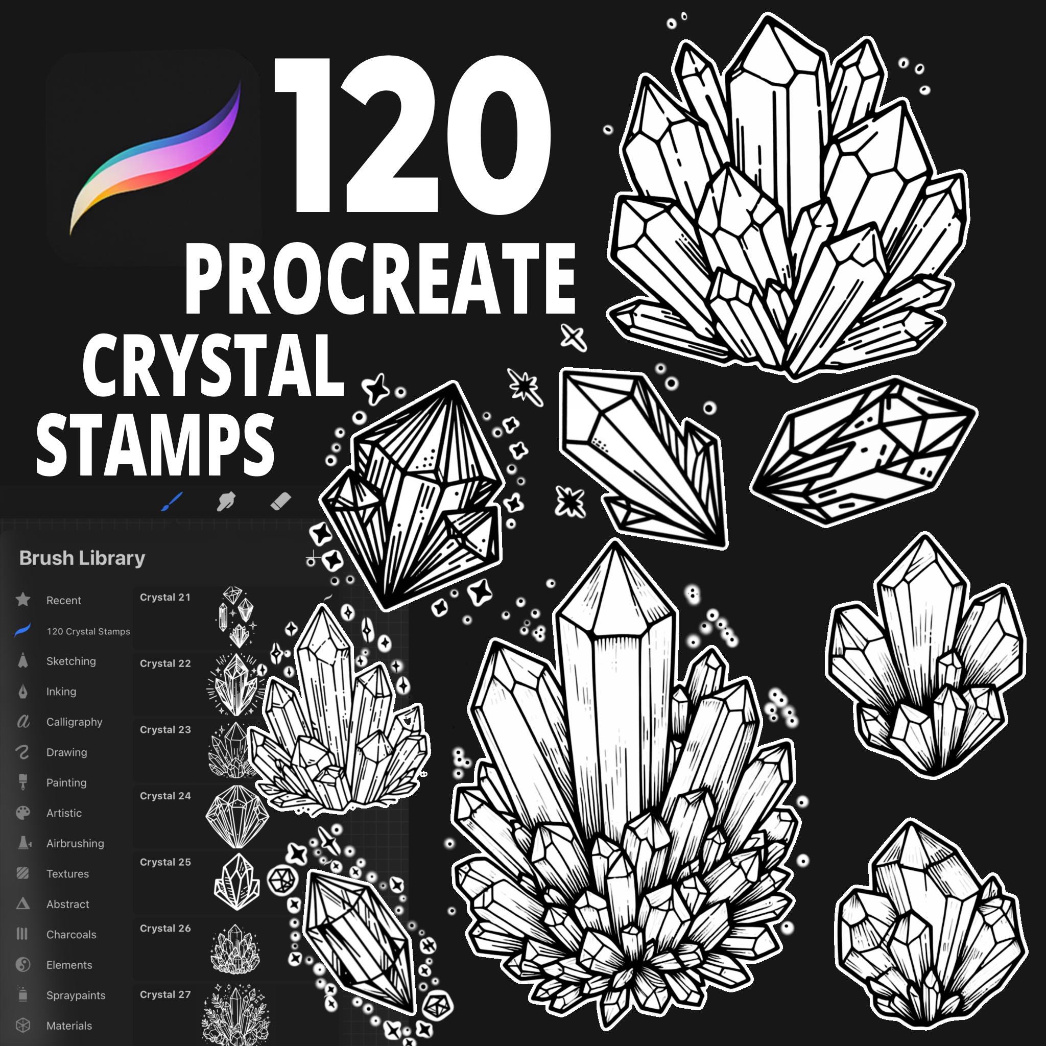 120 Procreate Crystal Stamps & Gemstone Brush Set for Jewelry and Gems