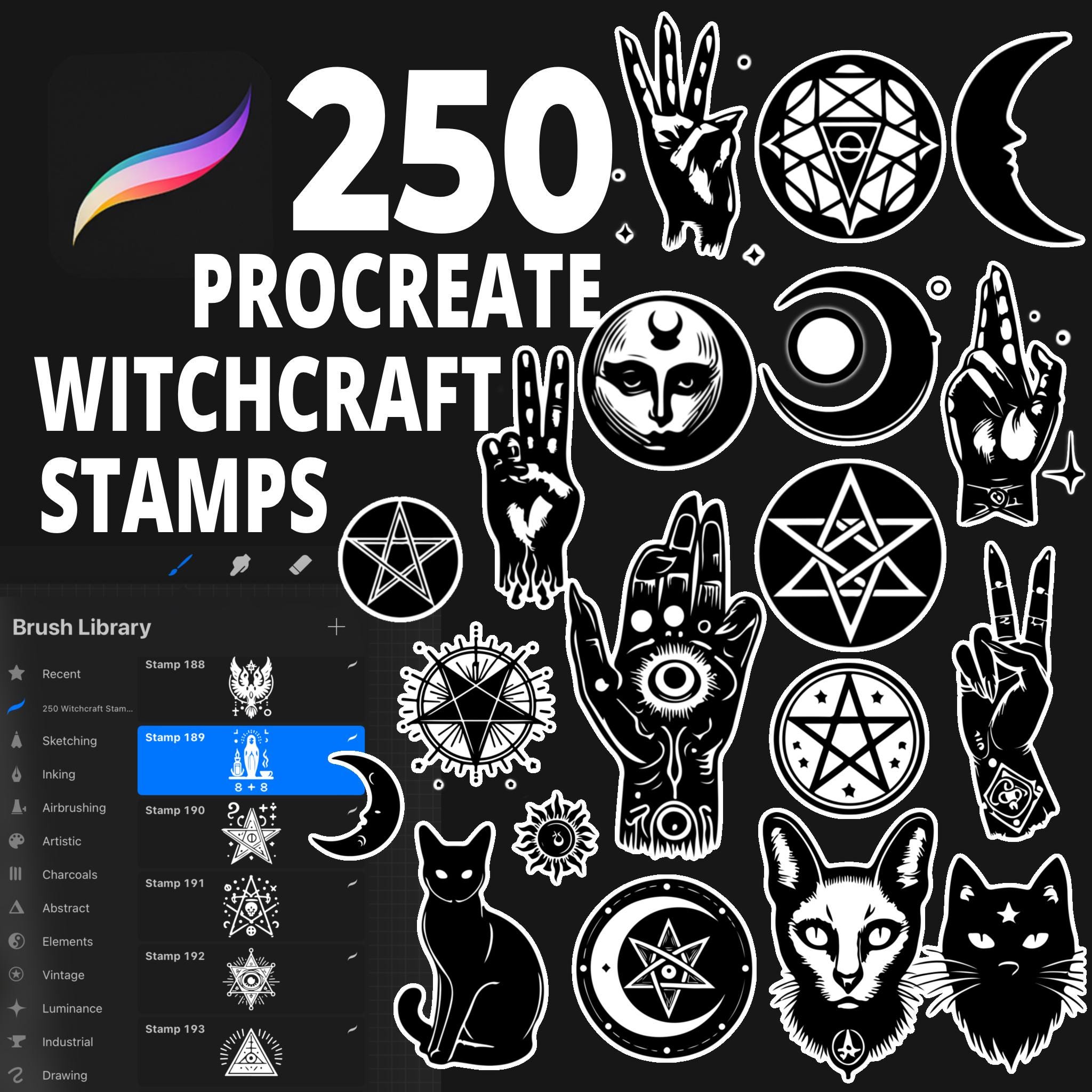 250 pinceles de sello de brujería para Procreate – Elementos místicos, celestiales, mágicos y espeluznantes