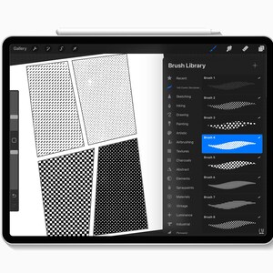 May include: A digital drawing app interface on an iPad with a stylus. The app has a gallery of black and white patterns and a brush library with eight different brushes.