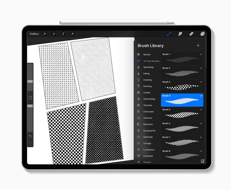 May include: A digital drawing app interface on an iPad with a stylus. The app has a gallery of black and white patterns and a brush library with eight different brushes.