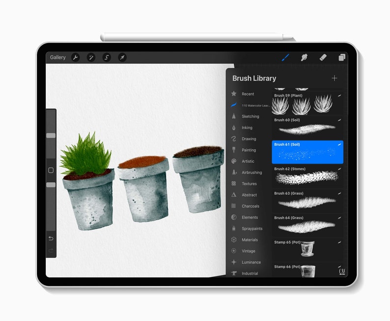 May include: A digital painting on a tablet shows three watercolor potted plants with soil and greenery. The tablet's screen displays the Procreate app with the Brush Library open, highlighting the "Soil" brush.