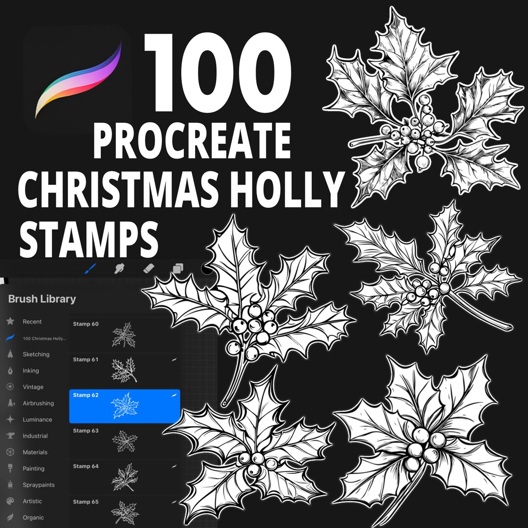 100 Procreate Christmas Holly Stamp Brushes, Mistletoe Stamp Set ...