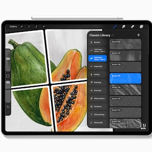 Puede incluir: Una tableta digital muestra una ilustraci&oacute;n de papaya, dividida en cuadrantes. Uno muestra una papaya verde entera, otros muestran la pulpa naranja con semillas negras. La interfaz de la tableta incluye una "Biblioteca Cl&aacute;sica" con opciones de pincel.