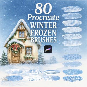 Könnte beinhalten: 80 Procreate Winter Frozen Brushes. Ein Satz digitaler Pinsel für die Verwendung mit der Procreate-App. Die Pinsel wurden entwickelt, um winterliche und gefrorene Effekte zu erzeugen. Das Bild zeigt eine Vielzahl von Pinselstrichen, darunter Schneeflocken, Eiskristalle und Frost.