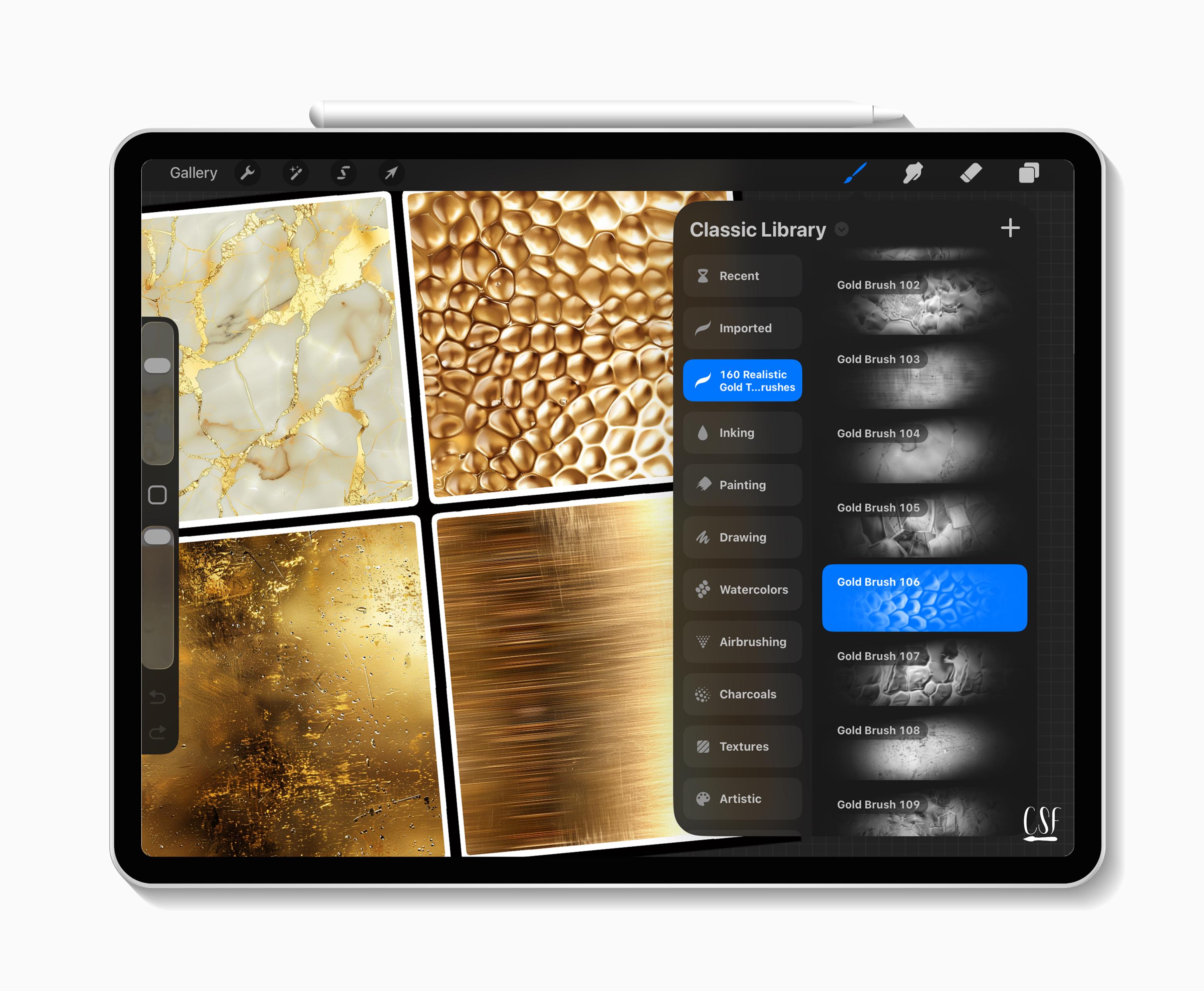160 Procreate Realistic Gold Texture Brushes for Shiny Metallic Effects ...