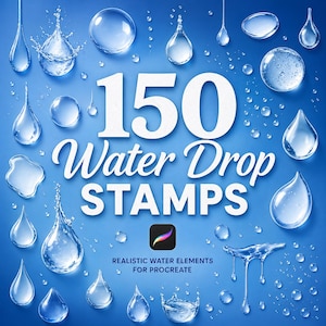 Puede incluir: Gráfico de arte digital con 150 sellos de gotas de agua en varias formas y tamaños, con elementos de agua realistas para Procreate. El texto "150 Water Drop Stamps" se muestra en blanco sobre un fondo azul.