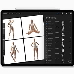 May include: A digital drawing app interface showing a gallery of four images of female figures in various poses. The app also has a brush library with a list of different brush types and stamps.