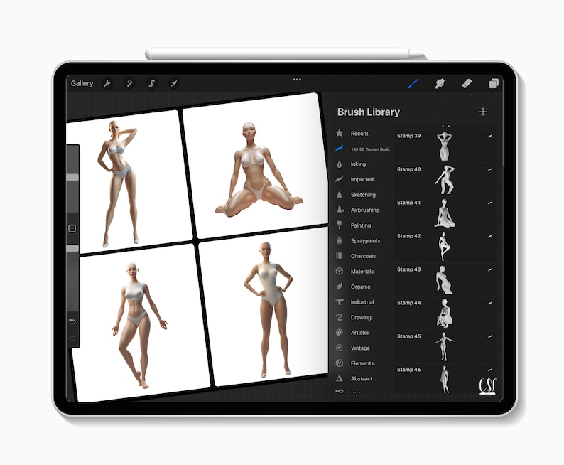 May include: A digital drawing app interface showing a gallery of four images of female figures in various poses. The app also has a brush library with a list of different brush types and stamps.