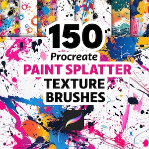 May include: A digital art graphic featuring colorful paint splatters and the text "150 Procreate Paint Splatter Texture Brushes." The image includes a Procreate app logo, and a variety of abstract paint textures in the background.