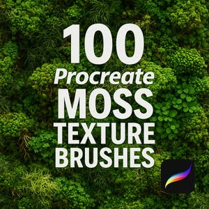 May include: A close-up of a green moss wall with the text "100 Procreate Moss Texture Brushes" in white. The Procreate logo is in the bottom right corner.