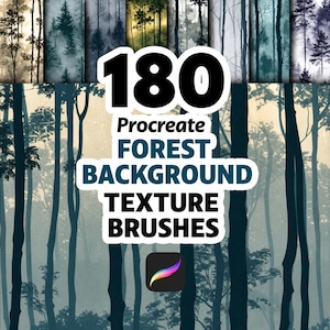 May include: A digital art product featuring 180 forest background texture brushes for Procreate. The image showcases various forest scenes in shades of green, blue, and brown. The text on the image reads "180 Procreate Forest Background Texture Brushes."