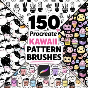 May include: A digital art product featuring 150 Kawaii pattern brushes for Procreate. The image displays various cute patterns, including cacti, cats, desserts, and drinks. The Procreate app icon is also visible.
