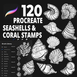 以下が含まれることがあります： 貝殻とサンゴの120個のProcreateスタンプのデジタルイラスト。スタンプは白黒で、グリッドパターンに配置されています。画像の上部には「120 Procreate Seashells & Coral Stamps」というテキストがあります。