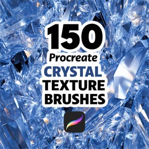 May include: Image featuring a background of blue crystal shards. The text overlay reads "150 Procreate Crystal Texture Brushes" in white and blue. The Procreate app logo is in the bottom right corner.