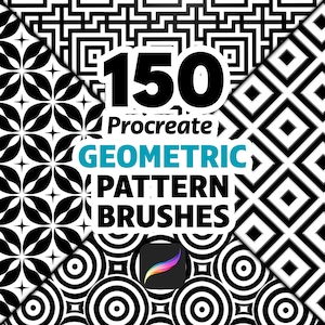 May include: A digital art product advertisement featuring a collection of 150 geometric pattern brushes for Procreate. The image showcases various black and white geometric patterns, with the product name and app logo prominently displayed.