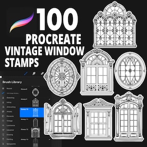 Puede incluir: Un conjunto de 100 sellos de ventanas vintage para Procreate, con una variedad de estilos y diseños. Los sellos son en blanco y negro y son perfectos para agregar un toque de encanto vintage a tu arte digital.