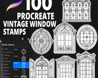 Può includere: Un set di 100 timbri di finestre vintage per Procreate, con una varietà di stili e design. I timbri sono in bianco e nero e sono perfetti per aggiungere un tocco di fascino vintage alla tua arte digitale.
