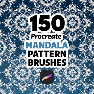 May include: A digital art graphic with a dark blue background and white mandala patterns. The image features the text "150 Procreate MANDALA PATTERN BRUSHES" in bold white and blue fonts, along with the Procreate app icon.