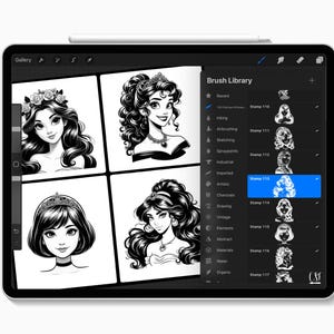 May include: A digital illustration on a tablet showing four black and white portraits of women with crowns and different hairstyles. The tablet's screen displays a brush library with various stamp options.