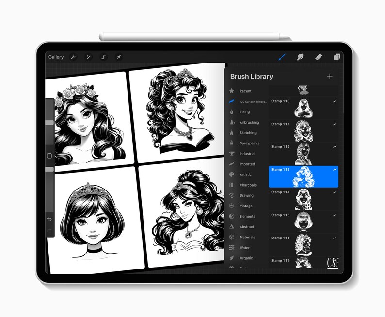May include: A digital illustration on a tablet showing four black and white portraits of women with crowns and different hairstyles. The tablet's screen displays a brush library with various stamp options.