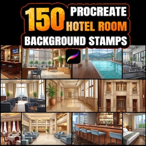 May include: An image showcasing 150 Procreate Hotel Room Background Stamps. The image features various hotel scenes, including a bar, lobby, pool, gym, and hotel rooms. The Procreate logo is visible in the center.