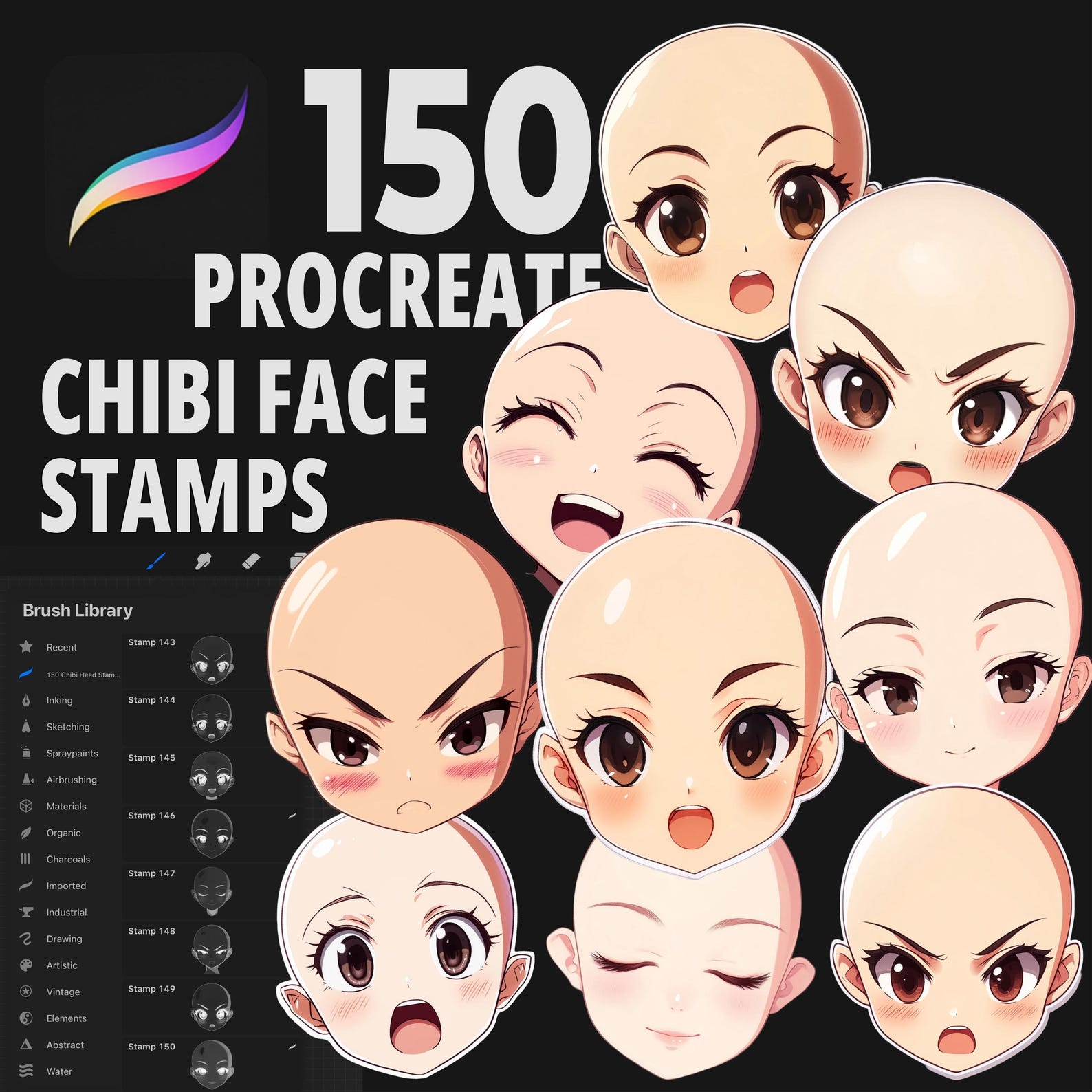 Chibi Face Procreate Stamps, 150 Head Brushes for Manga Art and Digital ...