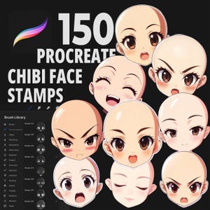 150 Procreate ちびヘッドスタンプ、ちびフェイス、かわいい表情セット、ちびの感情、アニメキャラクター、かわいい表情、アニメちびフェイス