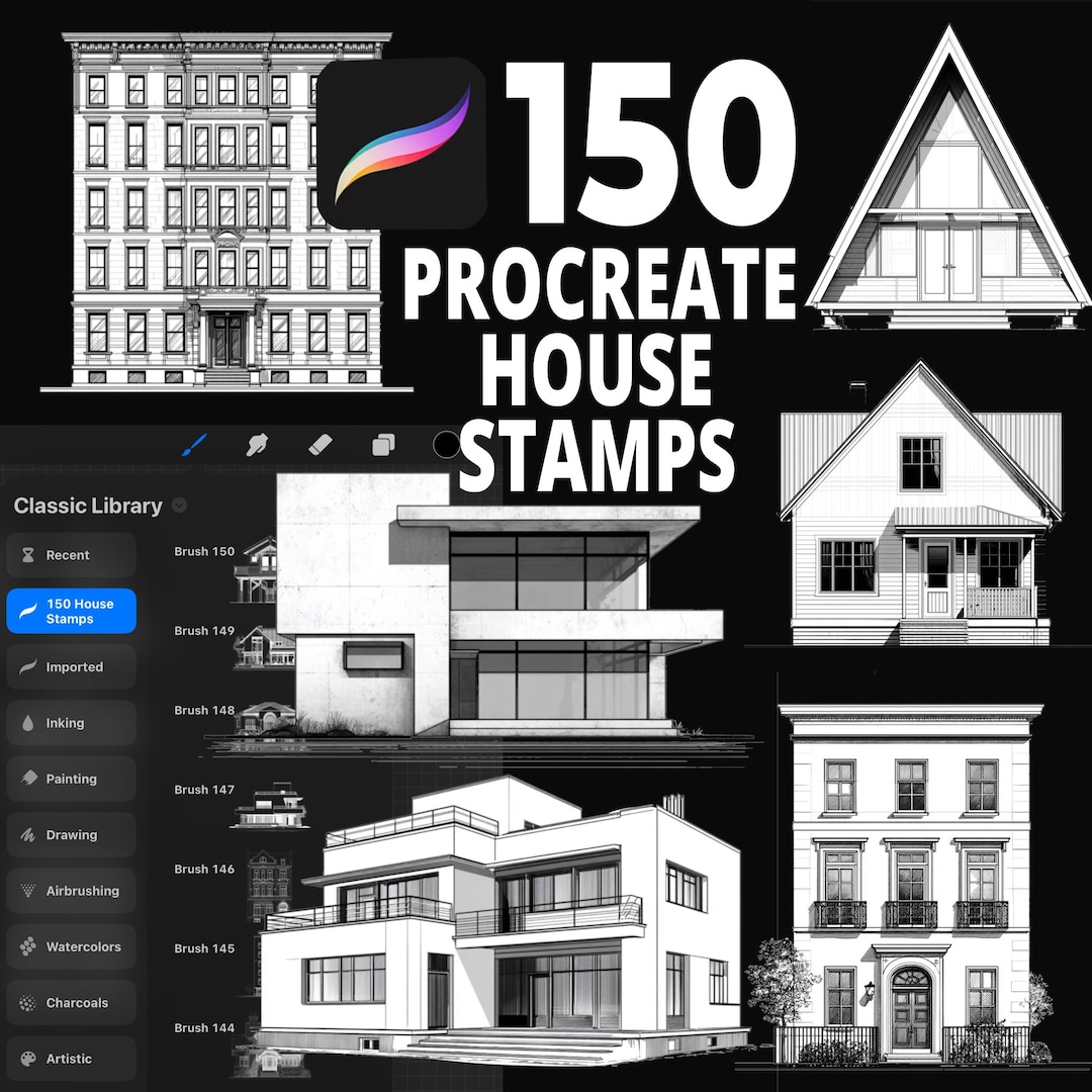 150 Procreate House Stamps for Architecture Illustration, Building ...
