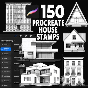 Op de afbeelding: Een digitaal kunstobject met 150 Procreate huisstempels. De afbeelding toont verschillende architecturale stijlen, waaronder moderne en traditionele huizen, in zwart en wit. Het Procreate app-icoon is zichtbaar, samen met de tekst "150 Procreate House Stamps."