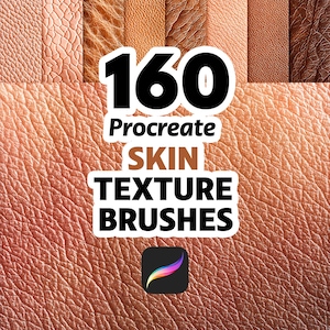 Może przedstawiać: Obraz prezentujący różnorodne tekstury skóry w odcieniach brązu. Tekst nałożony brzmi "160 Procreate SKIN TEXTURE BRUSHES" z logo aplikacji Procreate. Dla artystów cyfrowych.