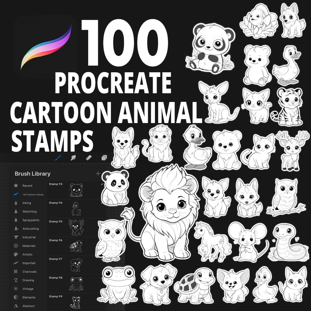 100 Procreate Cartoon Animal Stamp Brushes, Cute Animals, Funny Animals ...