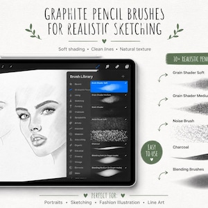 May include: A digital tablet displays a drawing of a woman's face, showcasing graphite pencil brushes for realistic sketching. The screen shows a brush library with various shading and blending options. Text reads "Graphite Pencil Brushes for Realistic Sketching."