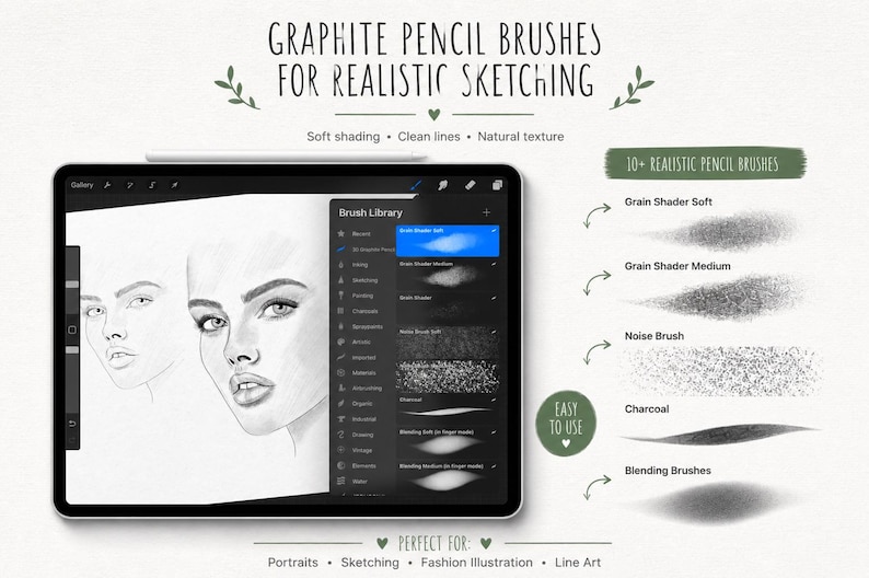 May include: A digital tablet displays a drawing of a woman's face, showcasing graphite pencil brushes for realistic sketching. The screen shows a brush library with various shading and blending options. Text reads "Graphite Pencil Brushes for Realistic Sketching."