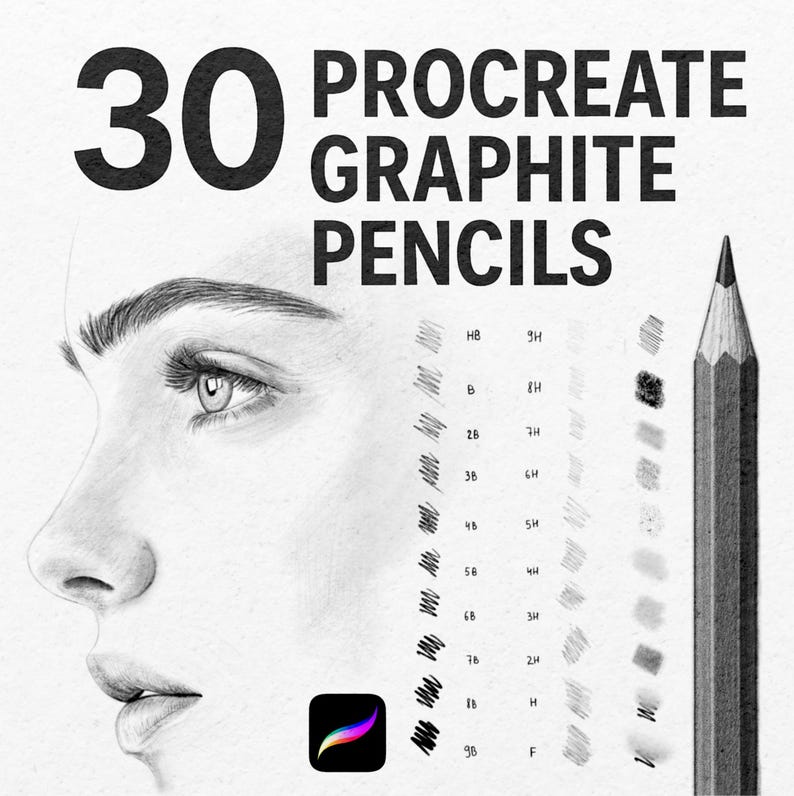 May include: An illustration featuring a woman's face and a graphite pencil. The text reads "30 Procreate Graphite Pencils." Various pencil stroke examples and a Procreate app icon are also shown.