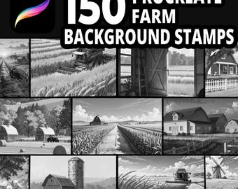 150 tampons de fond Procreate Farm, jeu de pinceaux de paysage rural pour granges, silos, tracteurs, art de la scène de campagne, champs, vie à la ferme