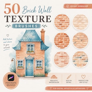 Puede incluir: Conjunto de arte digital con 50 pinceles de textura de pared de ladrillo. La imagen incluye una ilustración en acuarela de una casa con techo y puerta azules, y ejemplos de las texturas de ladrillo en marcos circulares. El texto dice "Añade textura y encanto a tu obra de arte".