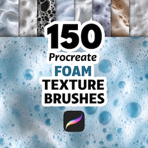 Könnte beinhalten: Ein Bild mit 150 Procreate-Schaumtextur-Pinseln. Das Bild zeigt verschiedene Schaumtexturen in Weiß-, Grau- und Brauntönen, vor einem Hintergrund aus blauen Blasen. Das Procreate App-Symbol befindet sich unten rechts.